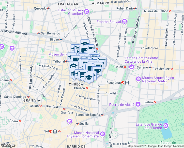 map of restaurants, bars, coffee shops, grocery stores, and more near 16 Calle de San Mateo in Madrid