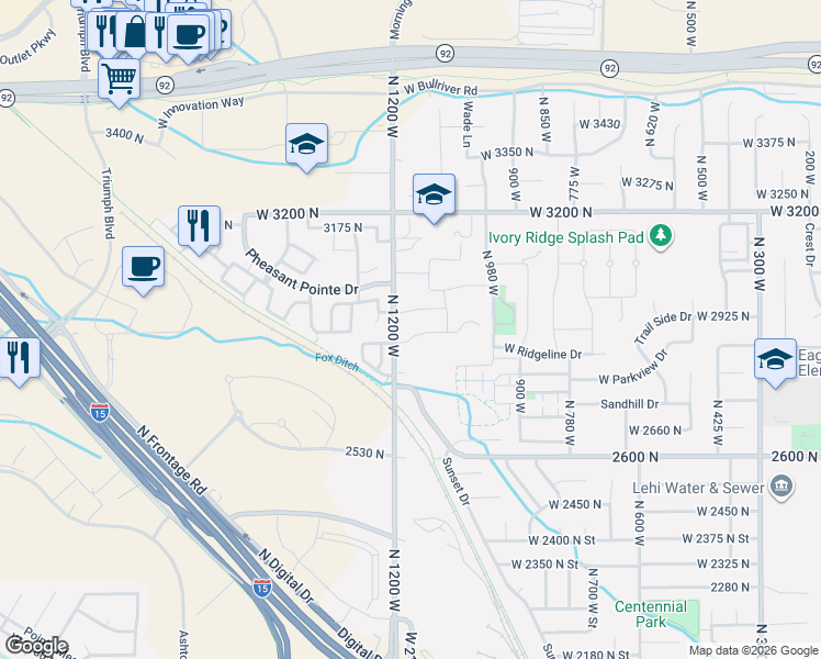 map of restaurants, bars, coffee shops, grocery stores, and more near 1172 West 2900 North in Lehi