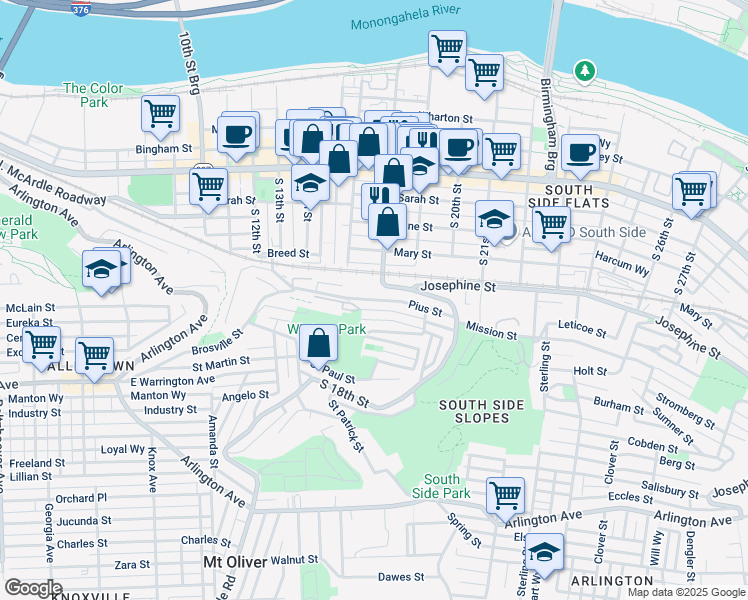 map of restaurants, bars, coffee shops, grocery stores, and more near Pius Street in Pittsburgh