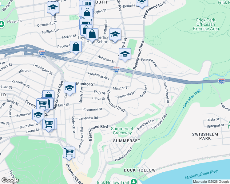 map of restaurants, bars, coffee shops, grocery stores, and more near 6433 Monitor Street in Pittsburgh