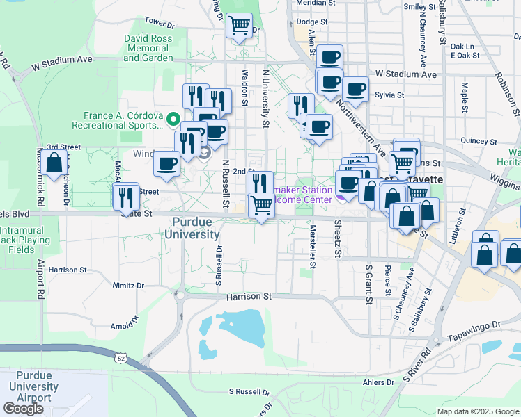 map of restaurants, bars, coffee shops, grocery stores, and more near 14 Waldron Street in West Lafayette