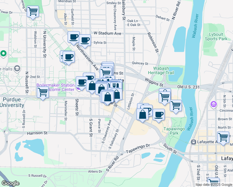 map of restaurants, bars, coffee shops, grocery stores, and more near 102 North Chauncey Avenue in West Lafayette