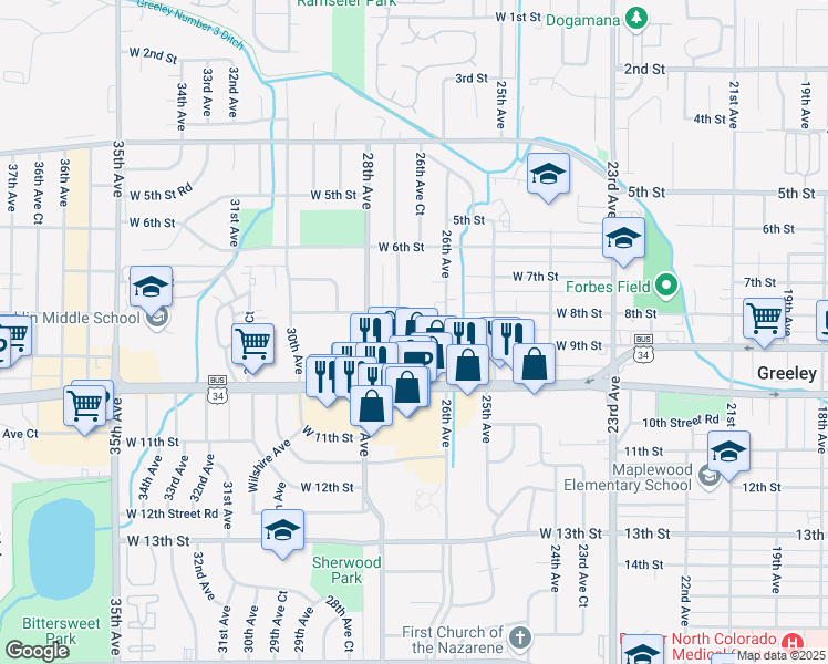 map of restaurants, bars, coffee shops, grocery stores, and more near 732 27th Avenue in Greeley