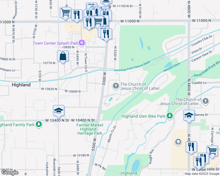 map of restaurants, bars, coffee shops, grocery stores, and more near 5229 North Castle Pine Way in Highland