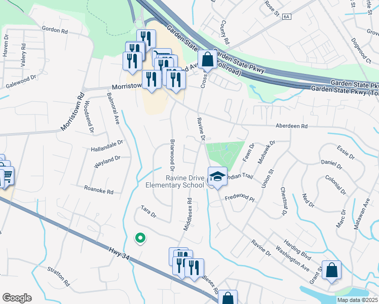 map of restaurants, bars, coffee shops, grocery stores, and more near 1 Middlesex Road in Matawan