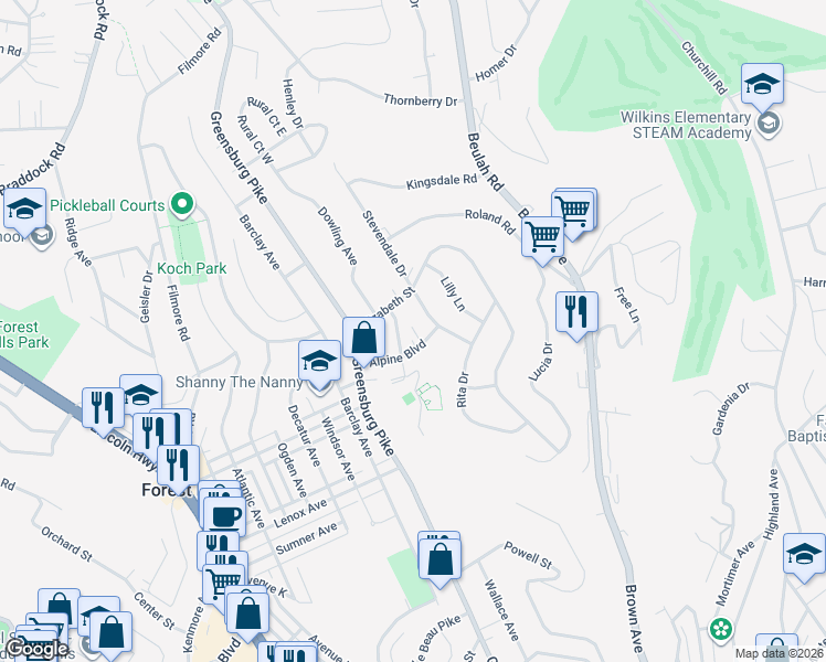 map of restaurants, bars, coffee shops, grocery stores, and more near 915 Stevendale Drive in Pittsburgh