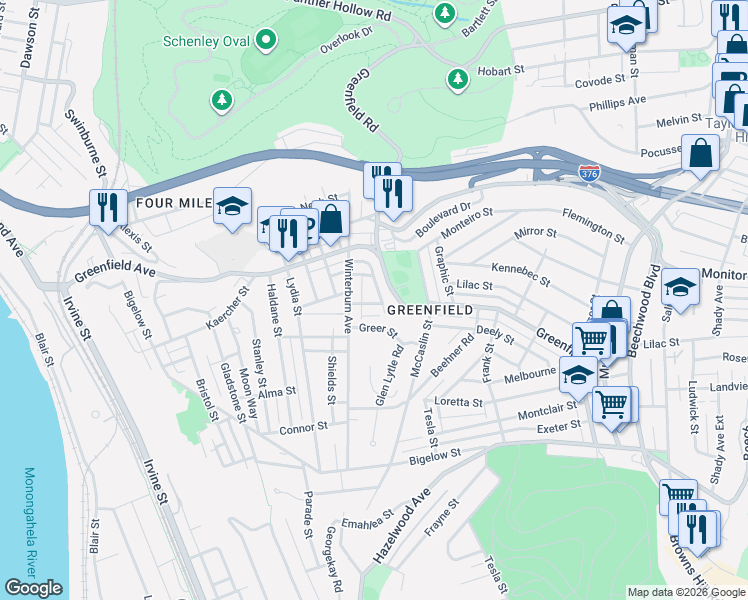 map of restaurants, bars, coffee shops, grocery stores, and more near 742 Greenfield Avenue in Pittsburgh
