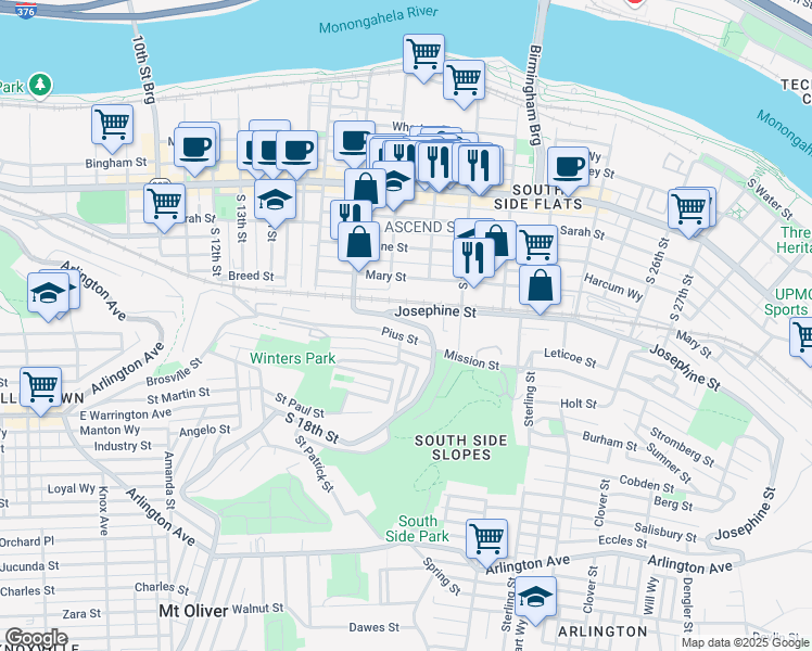 map of restaurants, bars, coffee shops, grocery stores, and more near 1936 Josephine Street in Pittsburgh