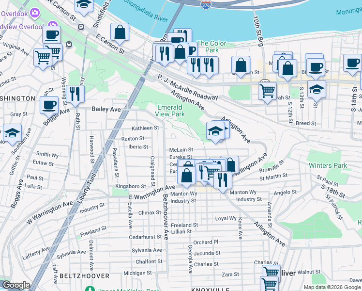 map of restaurants, bars, coffee shops, grocery stores, and more near 640 Science Street in Pittsburgh