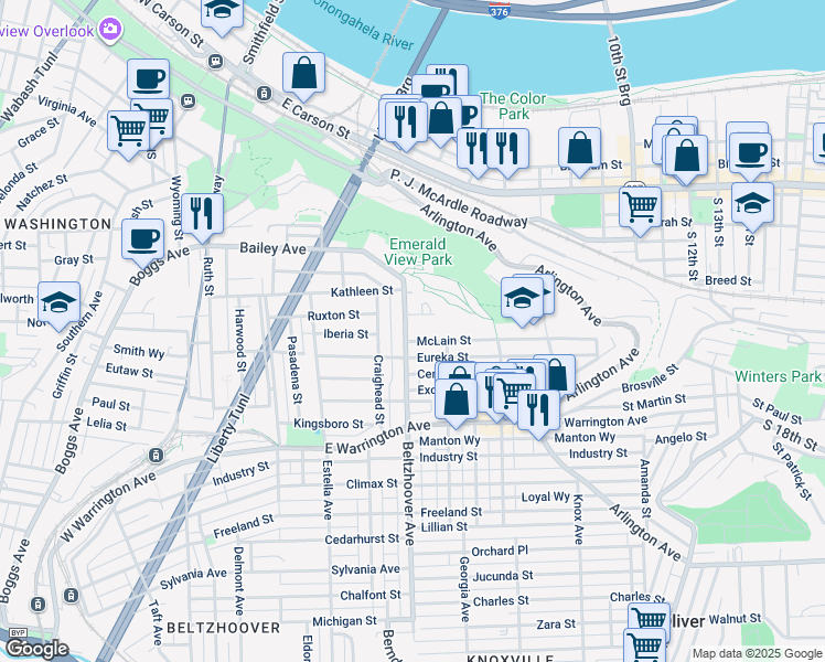 map of restaurants, bars, coffee shops, grocery stores, and more near 640 Science Street in Pittsburgh
