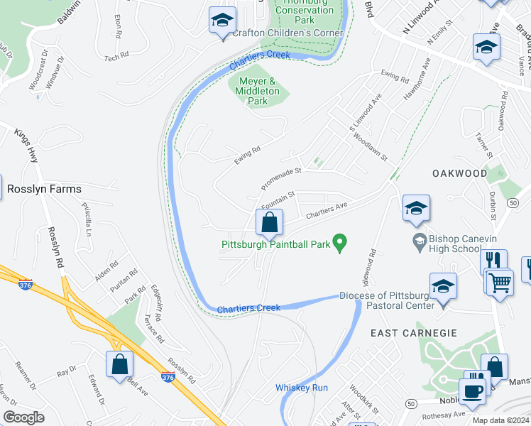 map of restaurants, bars, coffee shops, grocery stores, and more near 118 Fountain Street in Crafton