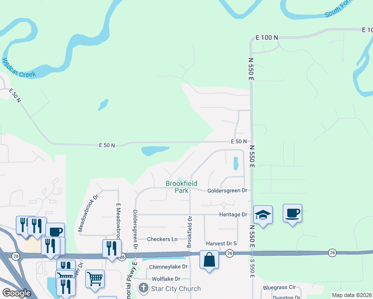 map of restaurants, bars, coffee shops, grocery stores, and more near 5226 East 50 North in Lafayette