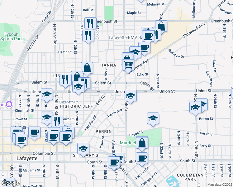 map of restaurants, bars, coffee shops, grocery stores, and more near 1708 Union Street in Lafayette
