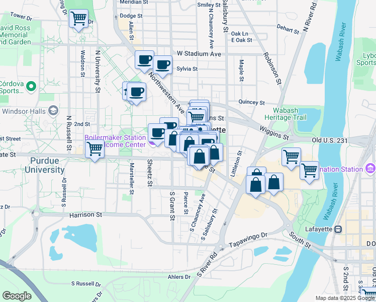map of restaurants, bars, coffee shops, grocery stores, and more near 209 Northwestern Avenue in West Lafayette
