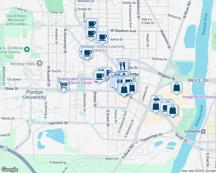map of restaurants, bars, coffee shops, grocery stores, and more near 201 Grant Street in West Lafayette