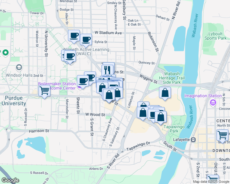 map of restaurants, bars, coffee shops, grocery stores, and more near 123 North Chauncey Avenue in West Lafayette
