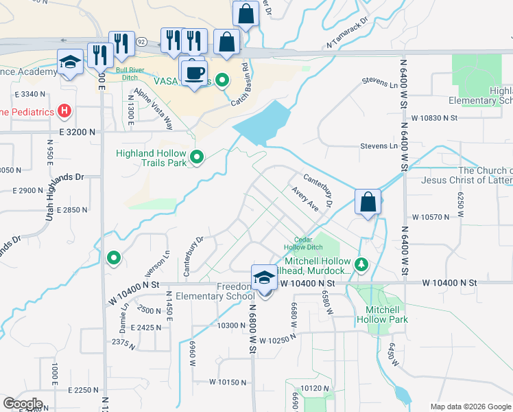 map of restaurants, bars, coffee shops, grocery stores, and more near 6804 Marie Jonsson Circle in Highland