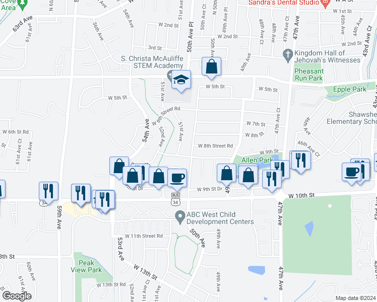 map of restaurants, bars, coffee shops, grocery stores, and more near 824 51st Avenue in Greeley