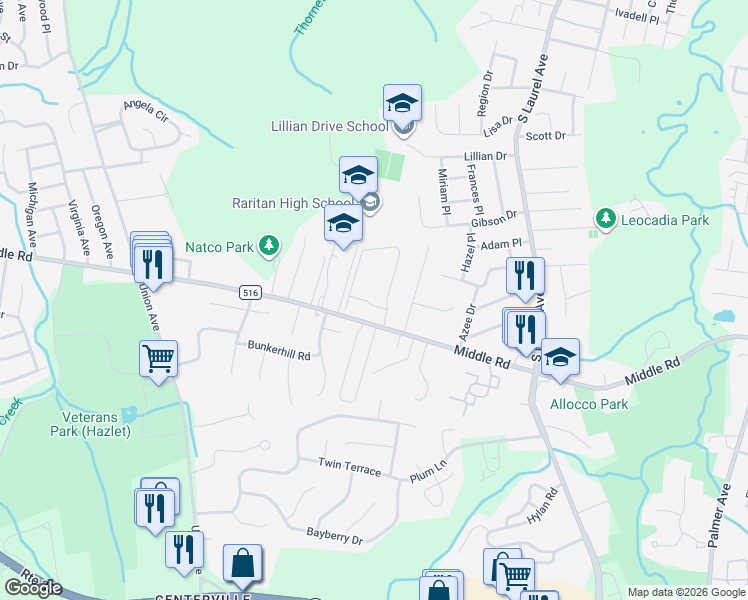 map of restaurants, bars, coffee shops, grocery stores, and more near 423 Middle Road in Hazlet