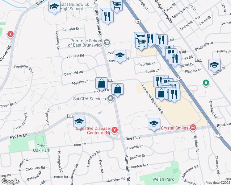 map of restaurants, bars, coffee shops, grocery stores, and more near 190 Summerhill Road in East Brunswick