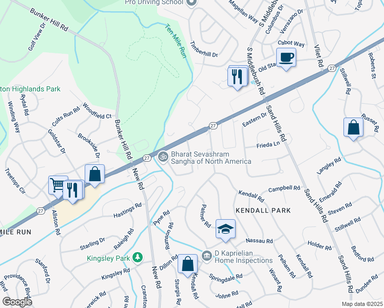 map of restaurants, bars, coffee shops, grocery stores, and more near  in South Brunswick Township