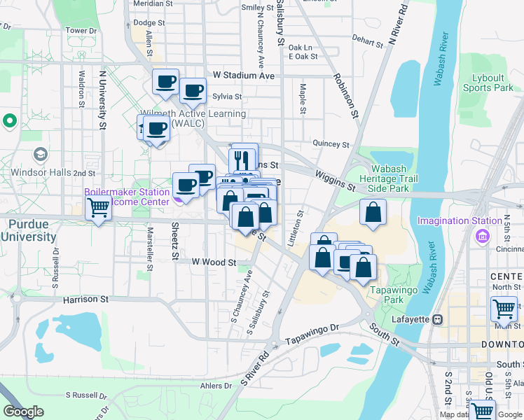 map of restaurants, bars, coffee shops, grocery stores, and more near 123 North Chauncey Avenue in West Lafayette