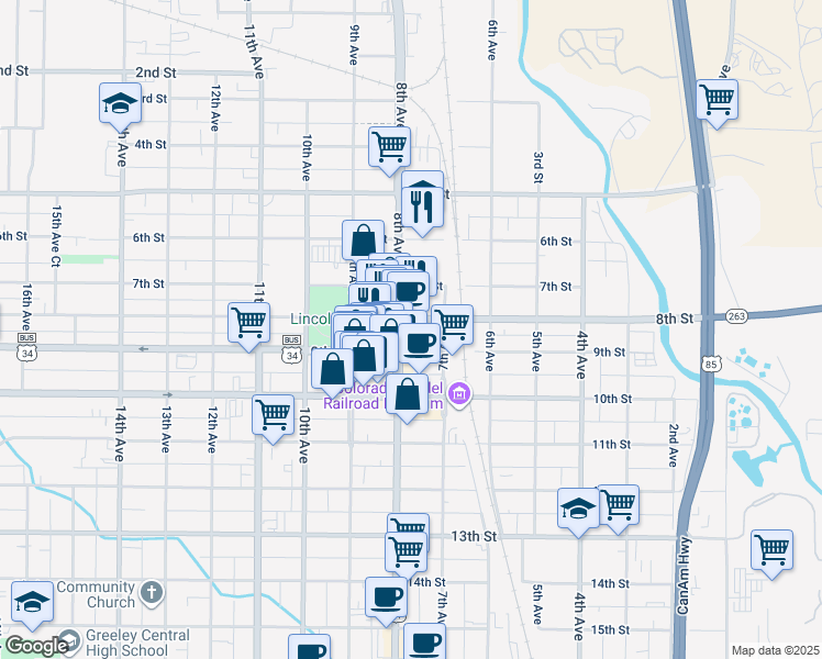 map of restaurants, bars, coffee shops, grocery stores, and more near 801 8th Street in Greeley