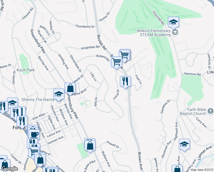 map of restaurants, bars, coffee shops, grocery stores, and more near 970 Elizabeth Street in Pittsburgh