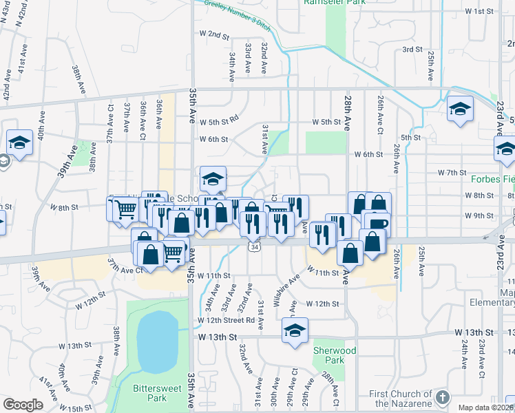 map of restaurants, bars, coffee shops, grocery stores, and more near 805 31st Avenue in Greeley