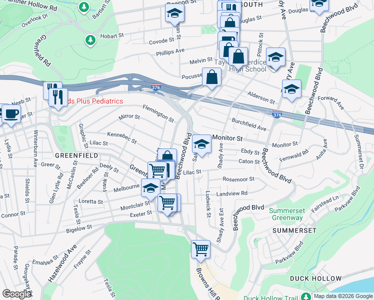 map of restaurants, bars, coffee shops, grocery stores, and more near in Pittsburgh