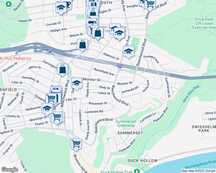 map of restaurants, bars, coffee shops, grocery stores, and more near 6366 Monitor Street in Pittsburgh