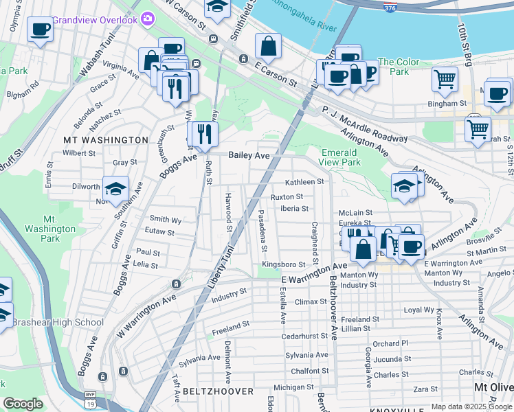 map of restaurants, bars, coffee shops, grocery stores, and more near 36 Pasadena Street in Pittsburgh