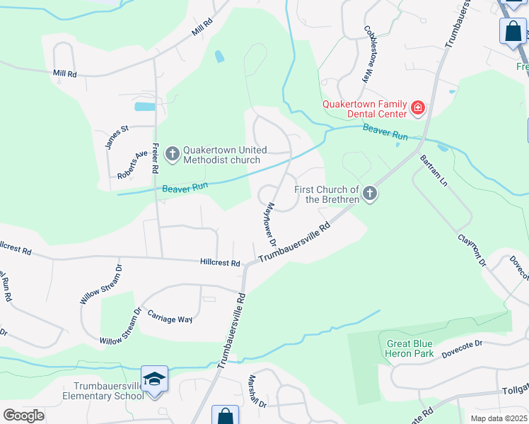 map of restaurants, bars, coffee shops, grocery stores, and more near 1116 Colony Drive in Quakertown