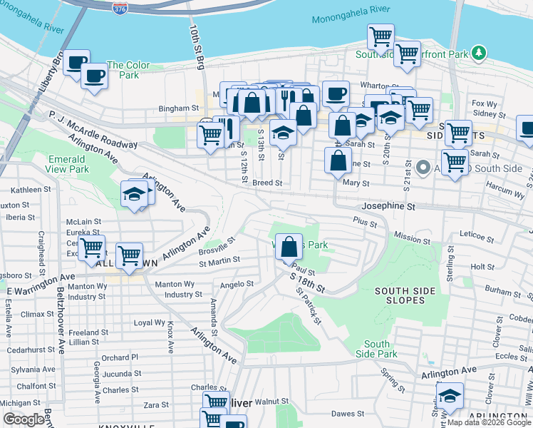 map of restaurants, bars, coffee shops, grocery stores, and more near C9 Pius Street in Pittsburgh