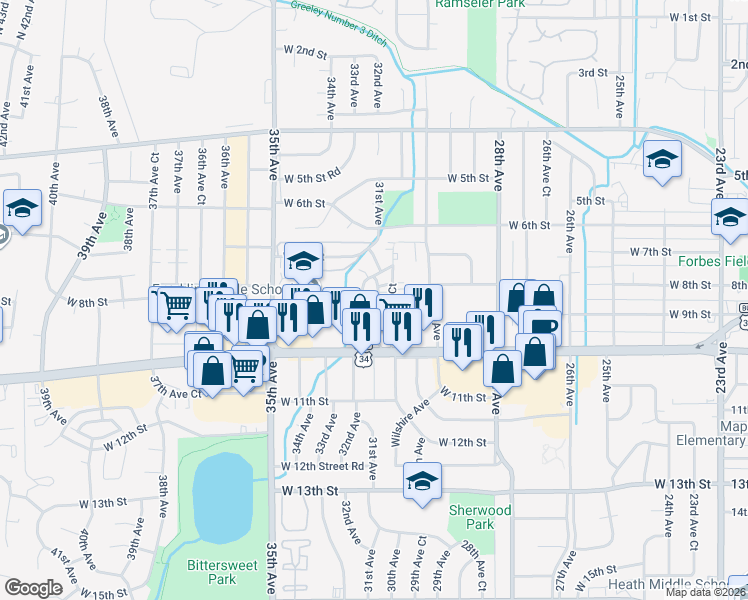 map of restaurants, bars, coffee shops, grocery stores, and more near 805 31st Avenue in Greeley