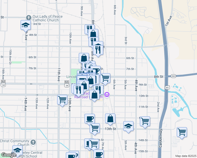 map of restaurants, bars, coffee shops, grocery stores, and more near 714 8th Street in Greeley