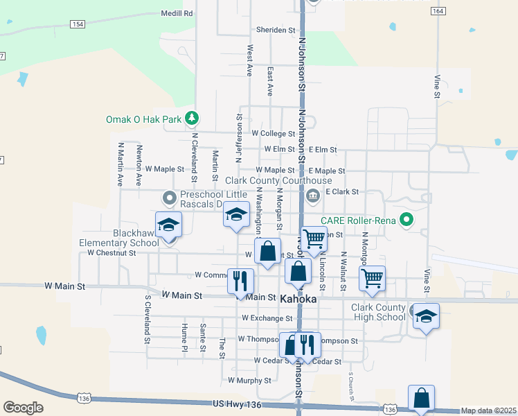 map of restaurants, bars, coffee shops, grocery stores, and more near 520 North Washington Street in Kahoka