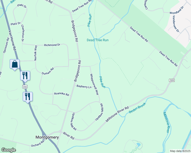 map of restaurants, bars, coffee shops, grocery stores, and more near 19 Whippoorwill Way in Montgomery