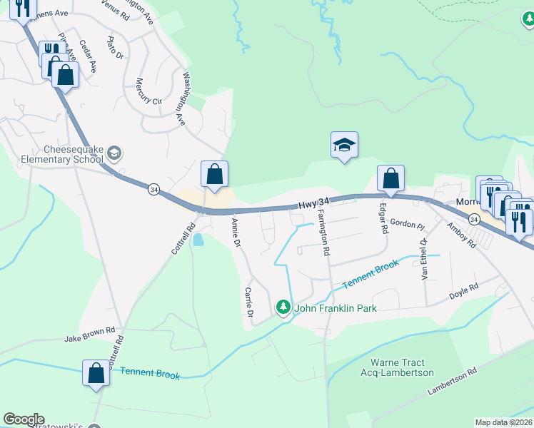 map of restaurants, bars, coffee shops, grocery stores, and more near 228 New Jersey 34 in Matawan