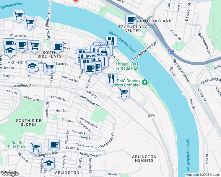 map of restaurants, bars, coffee shops, grocery stores, and more near 2855 Sarah Street in Pittsburgh