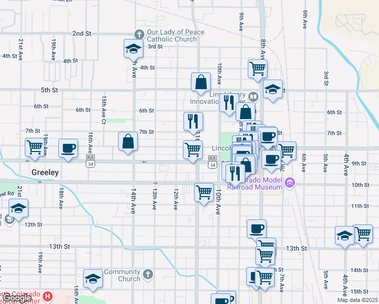 map of restaurants, bars, coffee shops, grocery stores, and more near 1115 8th Street in Greeley
