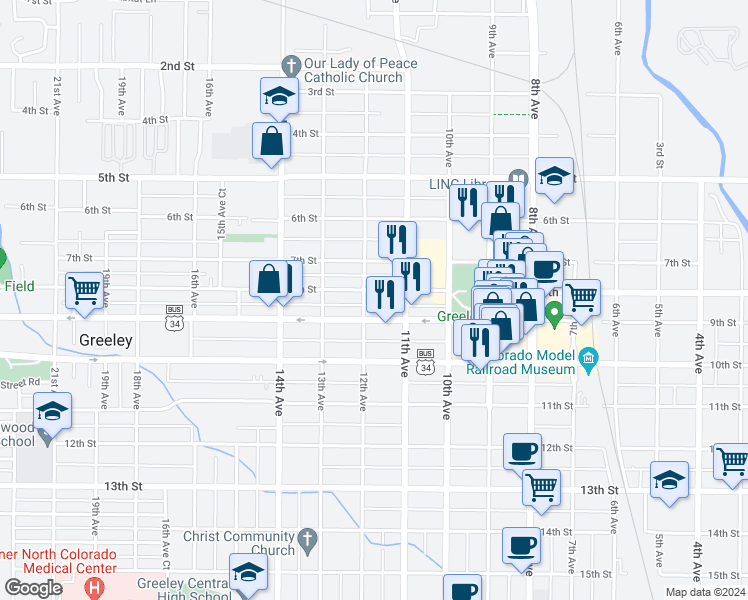 map of restaurants, bars, coffee shops, grocery stores, and more near 1115 8th Street in Greeley