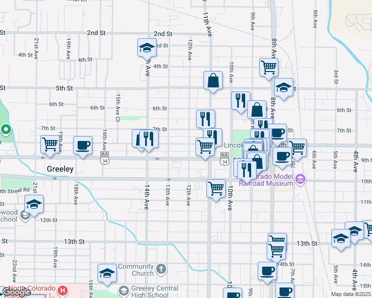 map of restaurants, bars, coffee shops, grocery stores, and more near 1211 8th Street in Greeley