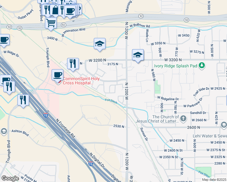 map of restaurants, bars, coffee shops, grocery stores, and more near 1265 West 3000 North in Lehi