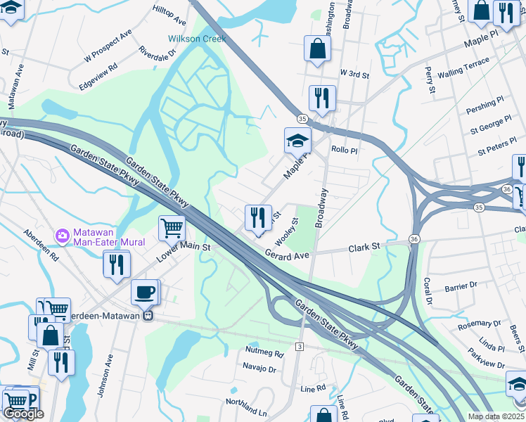 map of restaurants, bars, coffee shops, grocery stores, and more near 44 Lower Main Street in Matawan