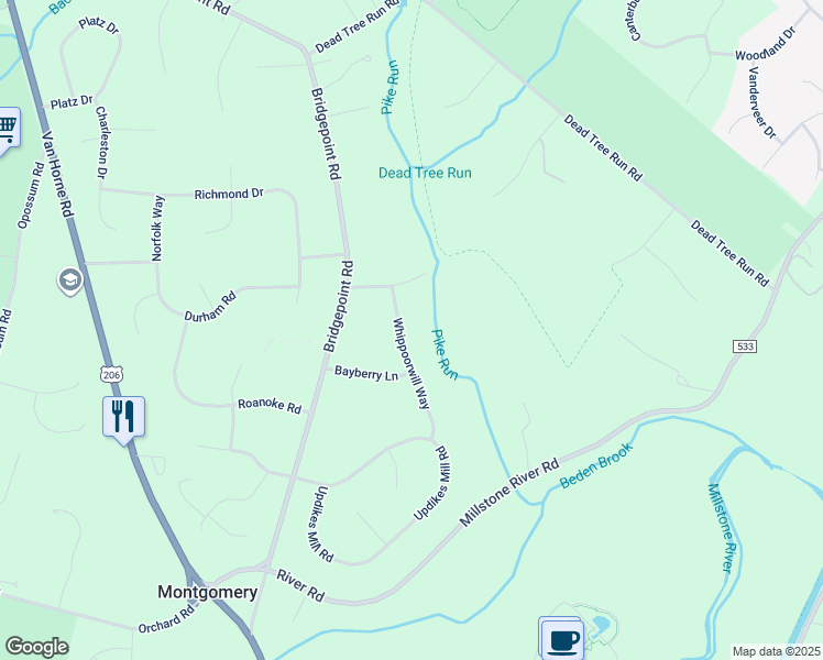 map of restaurants, bars, coffee shops, grocery stores, and more near 19 Whippoorwill Way in Montgomery
