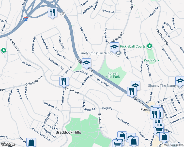 map of restaurants, bars, coffee shops, grocery stores, and more near 1821 Ardmore Boulevard in Pittsburgh