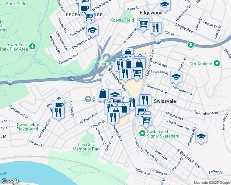 map of restaurants, bars, coffee shops, grocery stores, and more near 1712 Hays Street in Pittsburgh