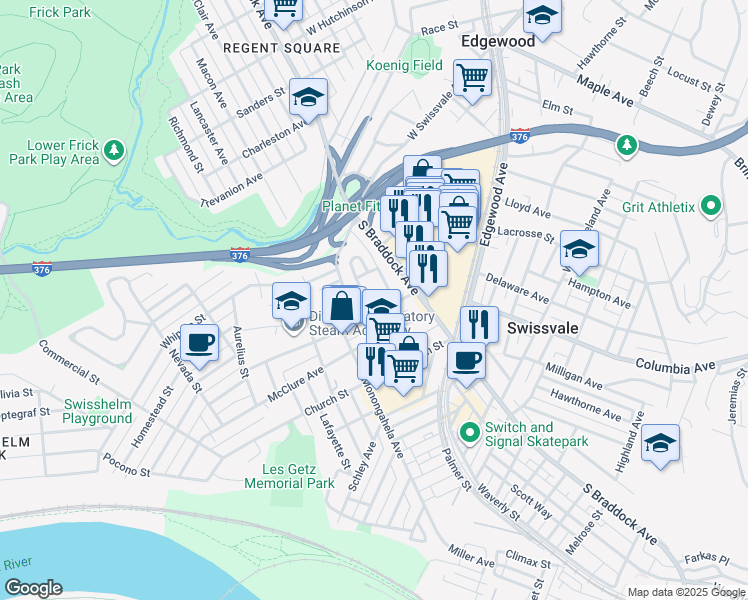 map of restaurants, bars, coffee shops, grocery stores, and more near 1712 Hays Street in Pittsburgh