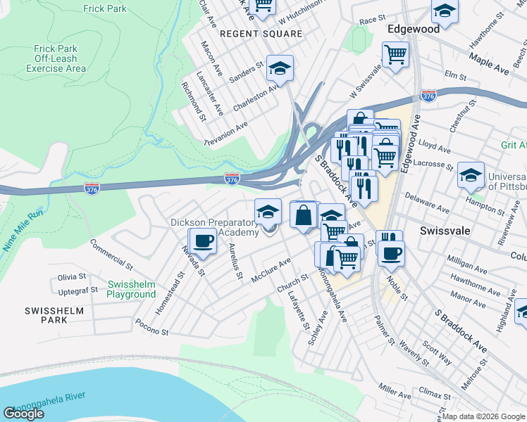 map of restaurants, bars, coffee shops, grocery stores, and more near 7308 Whipple Street in Pittsburgh